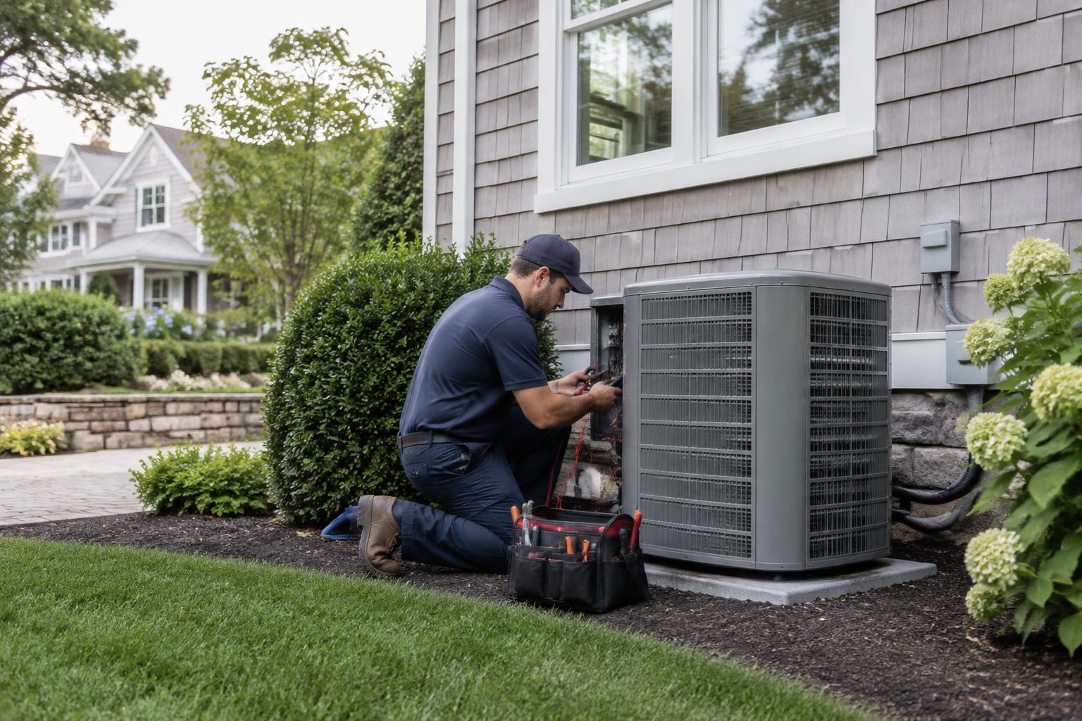 Illustrative image of an HVAC technician servicing equipment at a suburban home