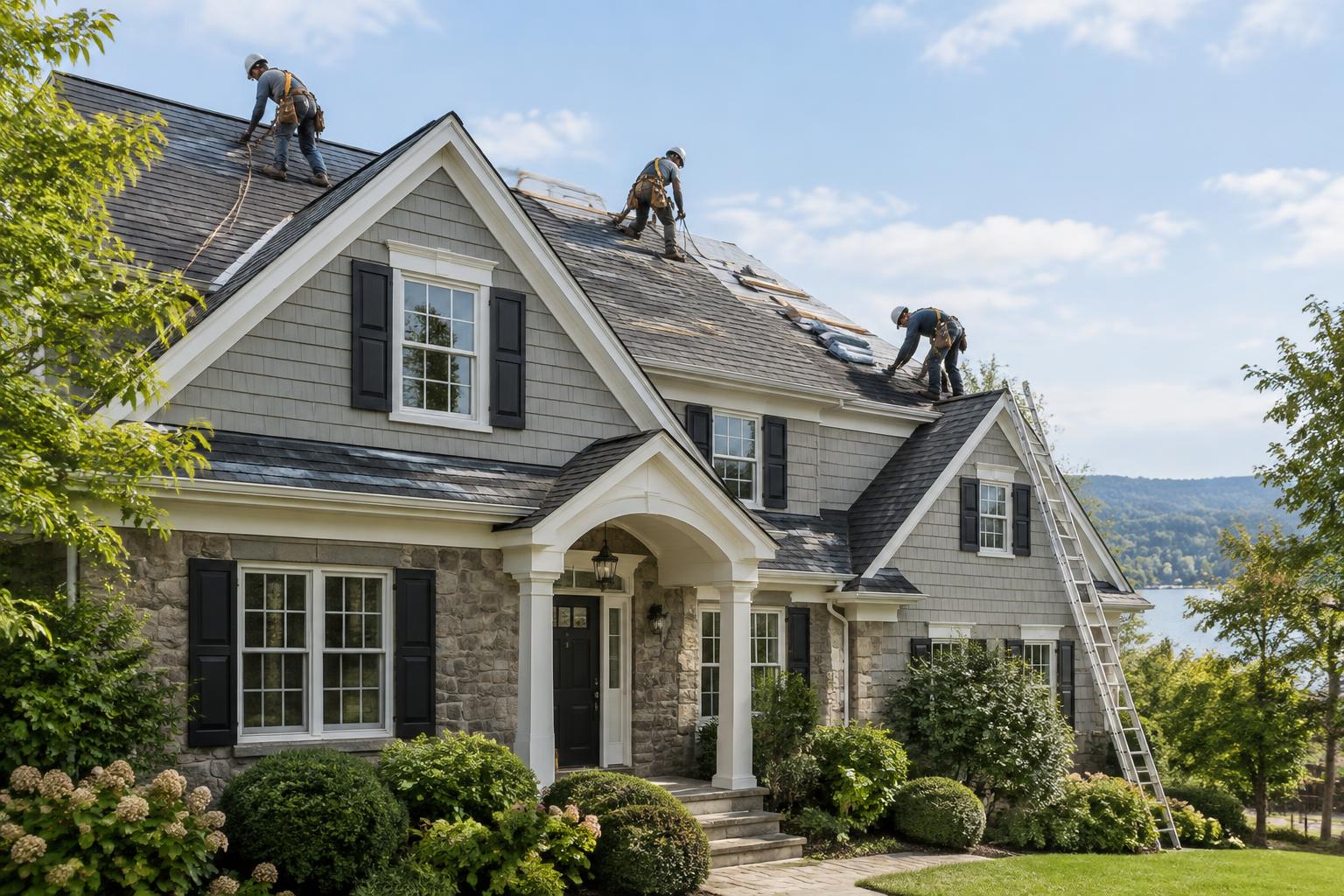 Illustrative image of a roofing crew working on a suburban home